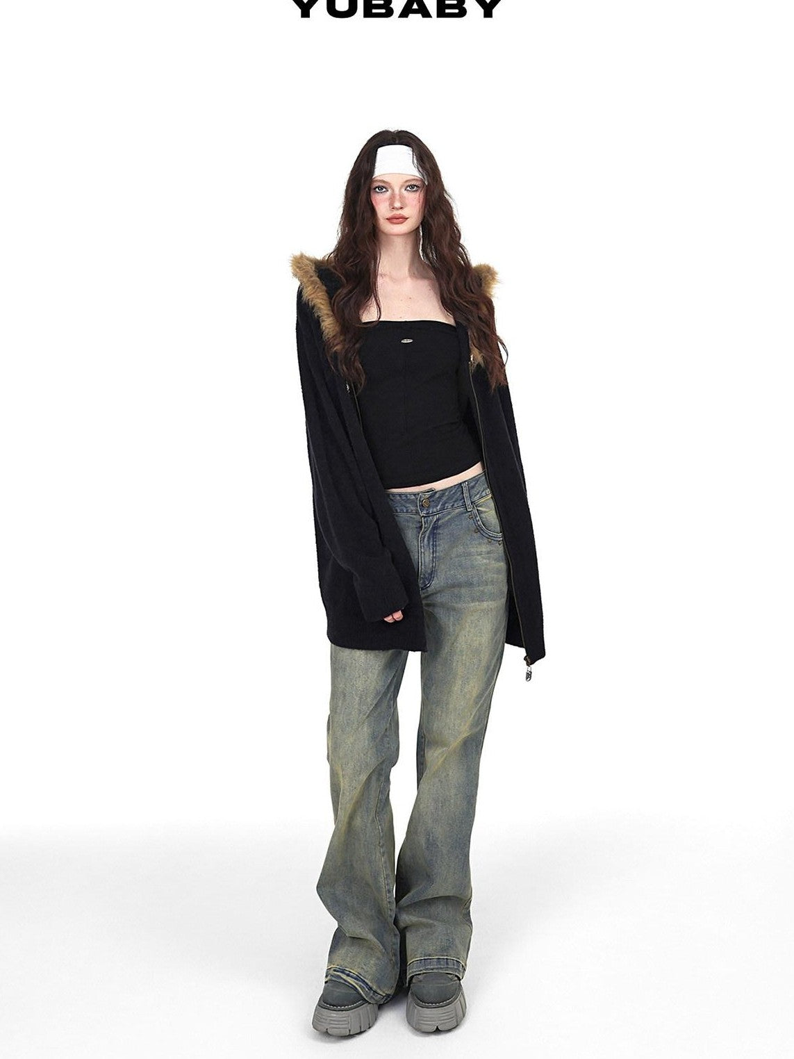 YUBABY Vintage Fur Collar Cross Zippered Hooded Women's Cotton Blend Hoodies