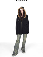 YUBABY Vintage Fur Collar Cross Zippered Hooded Women's Cotton Blend Hoodies