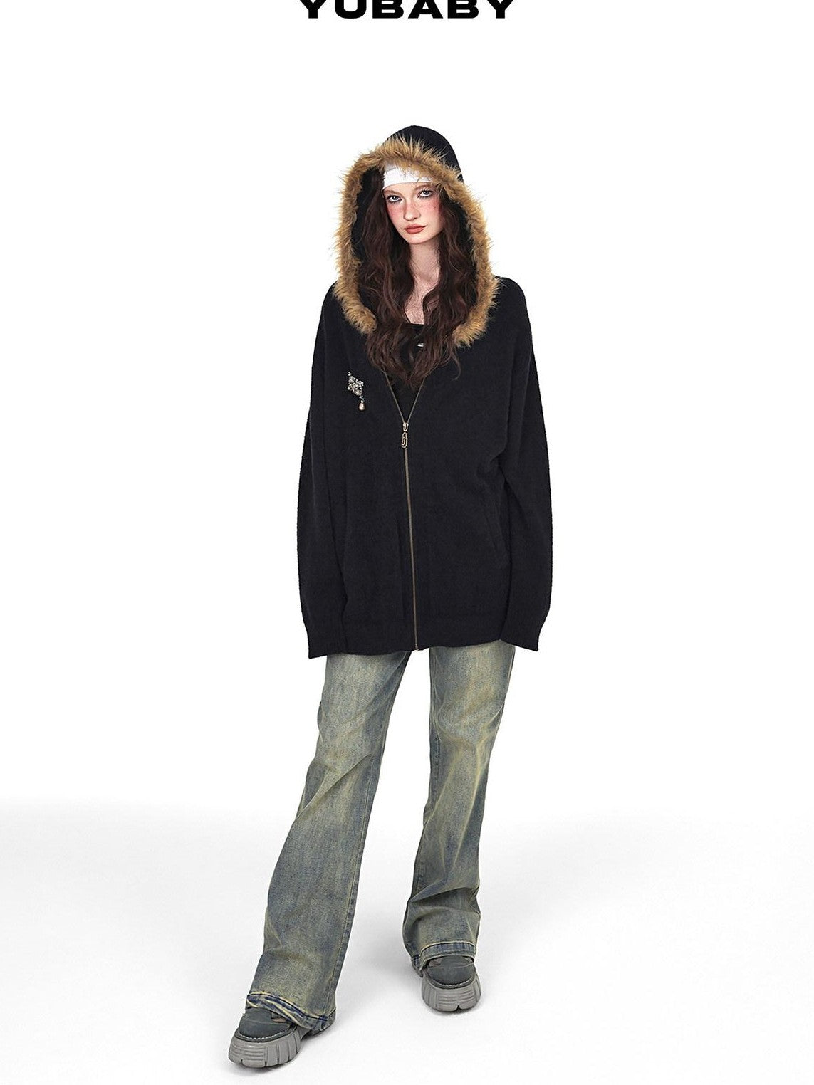 YUBABY Vintage Fur Collar Cross Zippered Hooded Women's Cotton Blend Hoodies