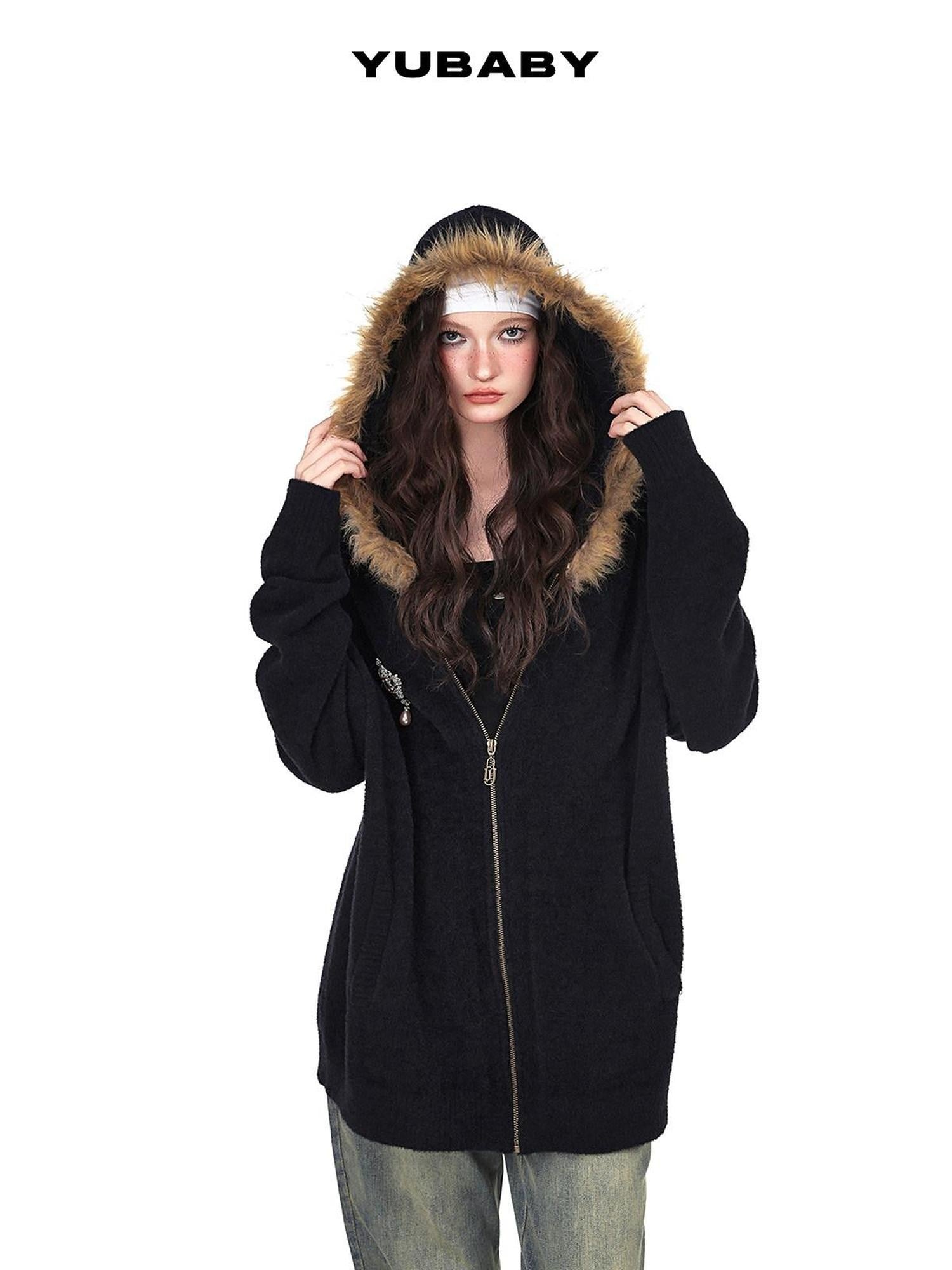 YUBABY Vintage Fur Collar Cross Zippered Hooded Women's Cotton Blend Hoodies