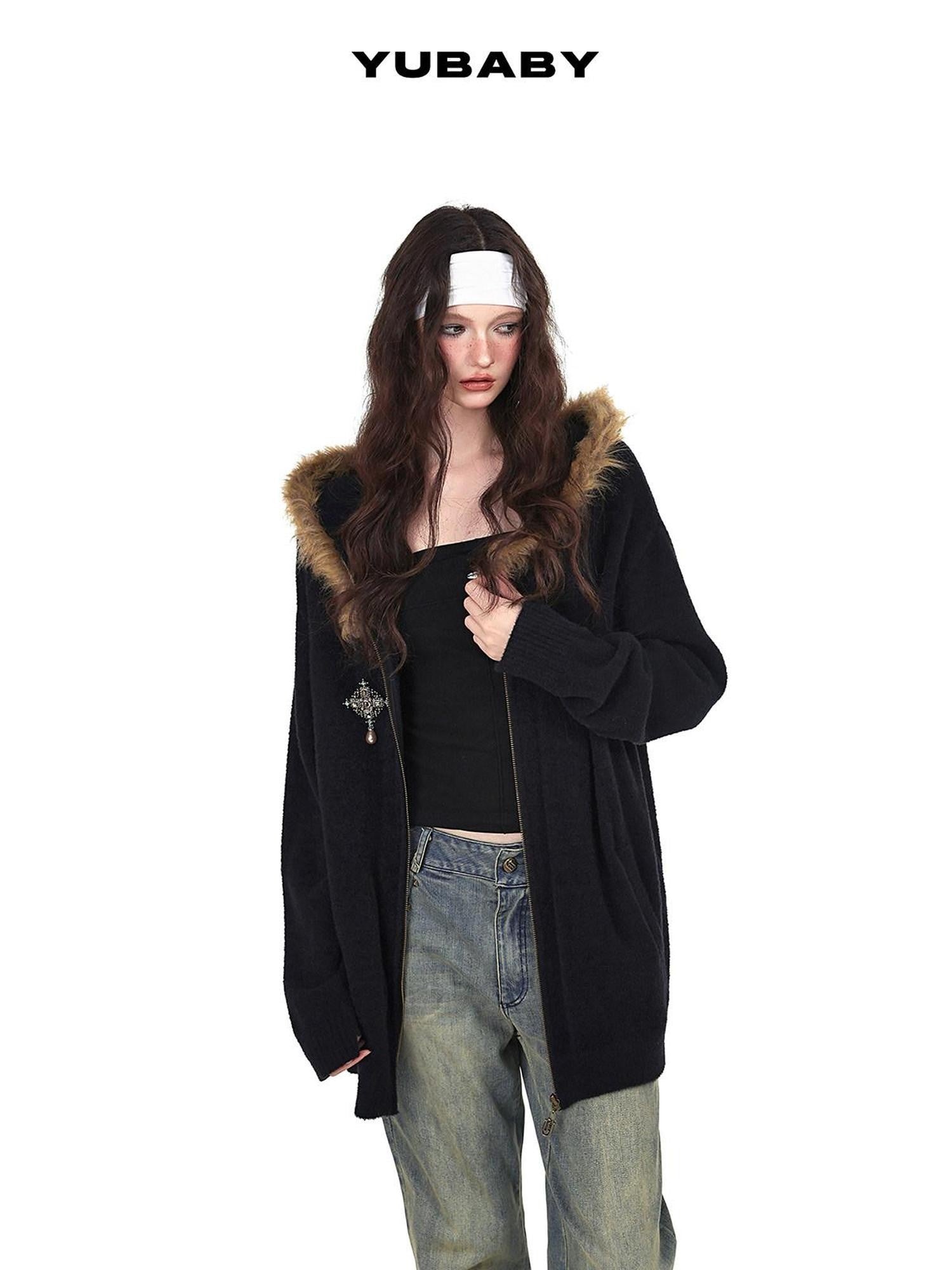 YUBABY Vintage Fur Collar Cross Zippered Hooded Women's Cotton Blend Hoodies