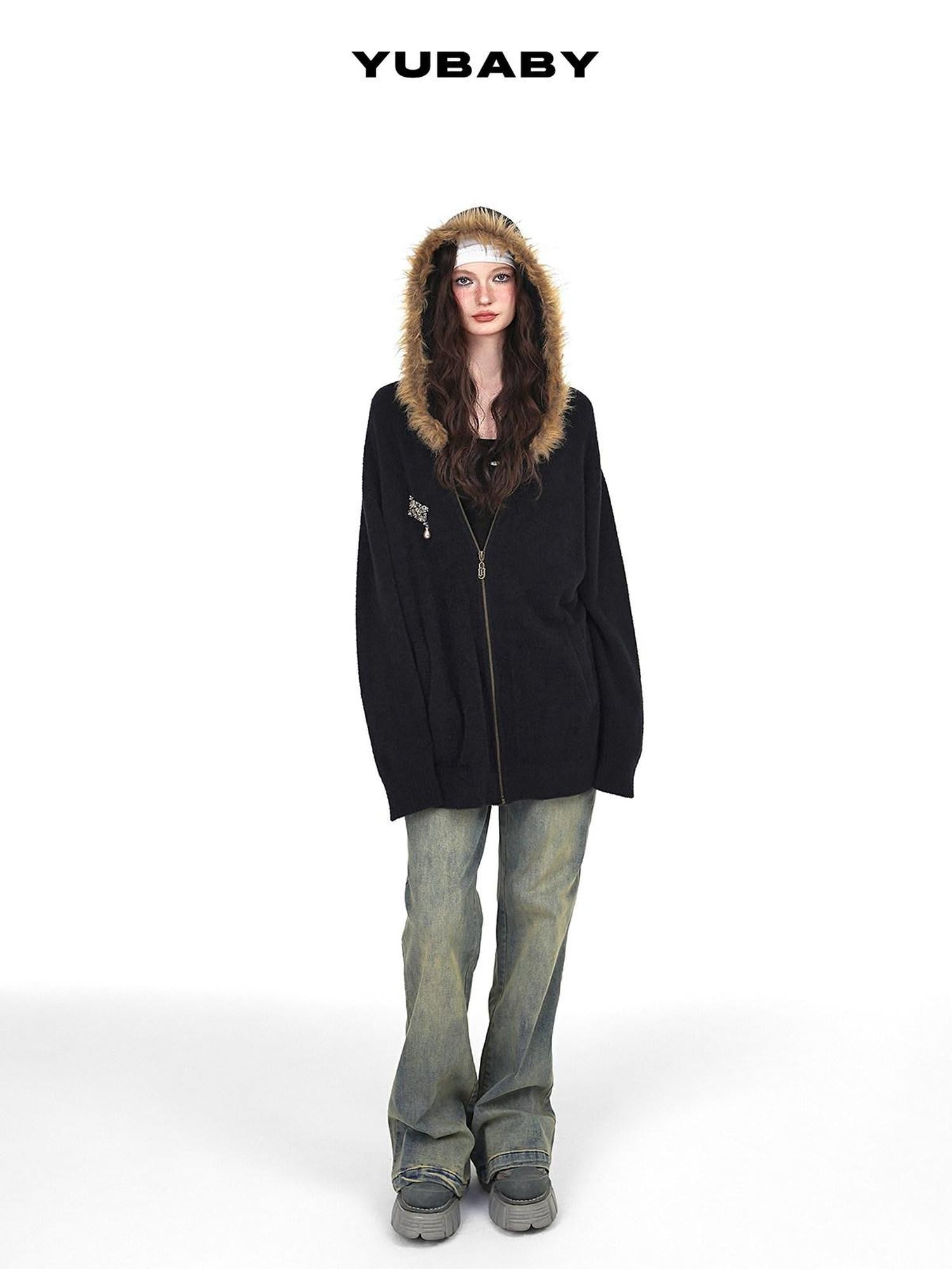 YUBABY Vintage Fur Collar Cross Zippered Hooded Women's Cotton Blend Hoodies