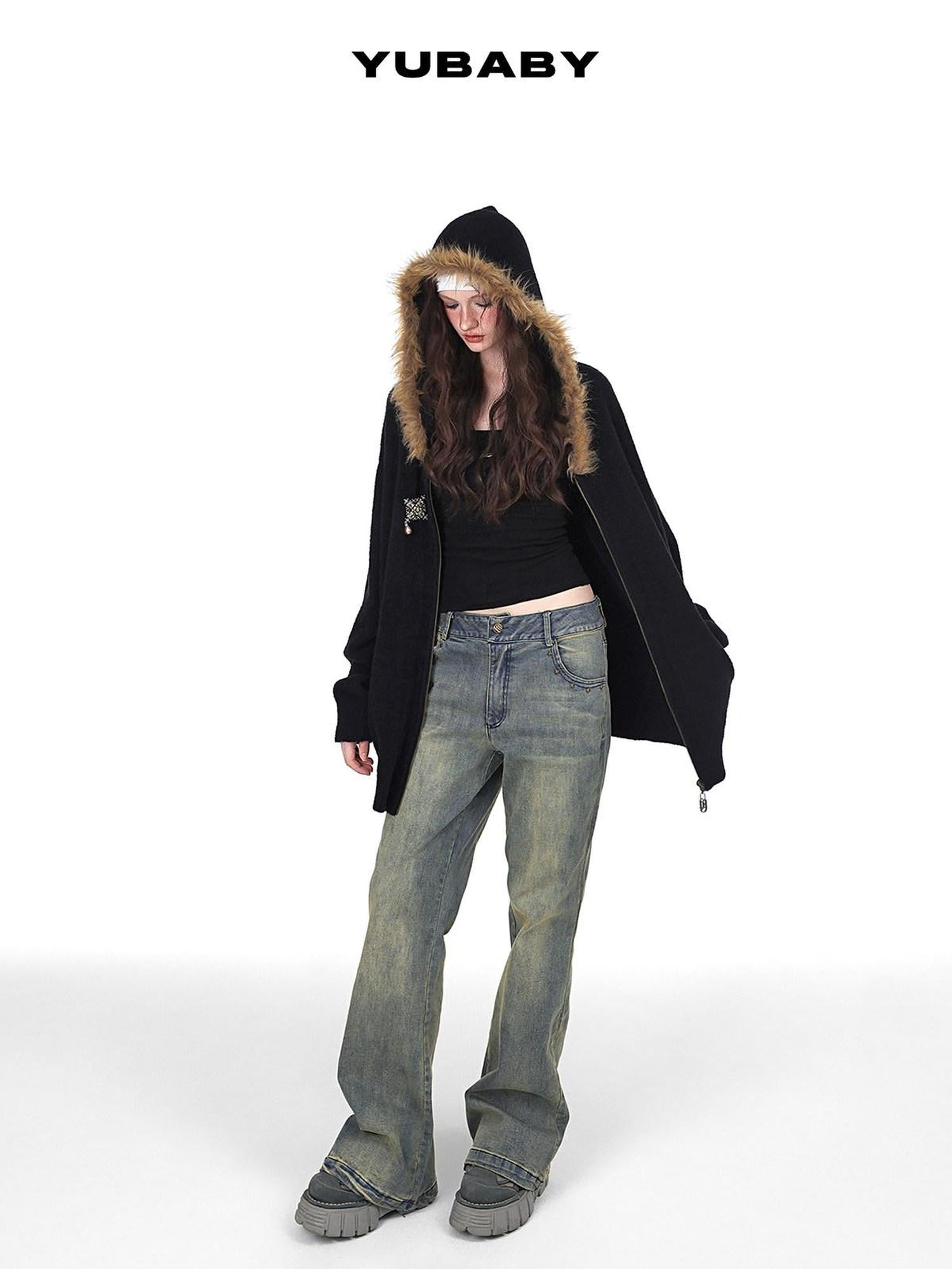YUBABY Vintage Fur Collar Cross Zippered Hooded Women's Cotton Blend Hoodies