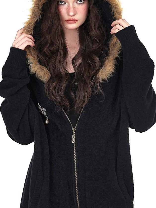 YUBABY Vintage Fur Collar Cross Zippered Hooded Women's Cotton Blend Hoodies