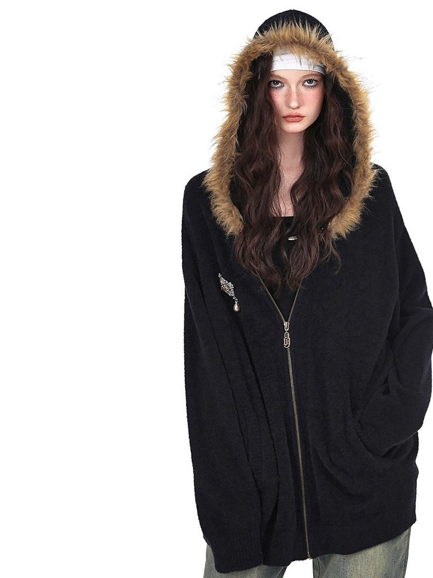 YUBABY Vintage Fur Collar Cross Zippered Hooded Women's Cotton Blend Hoodies