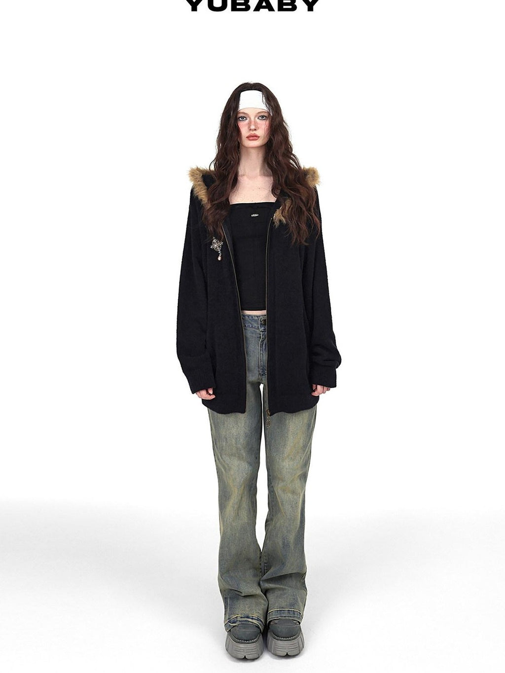 YUBABY Vintage Fur Collar Cross Zippered Hooded Women's Cotton Blend Hoodies