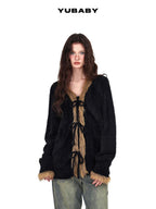 YUBABY Vintage Subculture Patchwork Fur Collar Tie Women's Mink Knit Cardigans