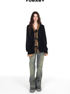 YUBABY Vintage Subculture Patchwork Fur Collar Tie Women's Mink Knit Cardigans