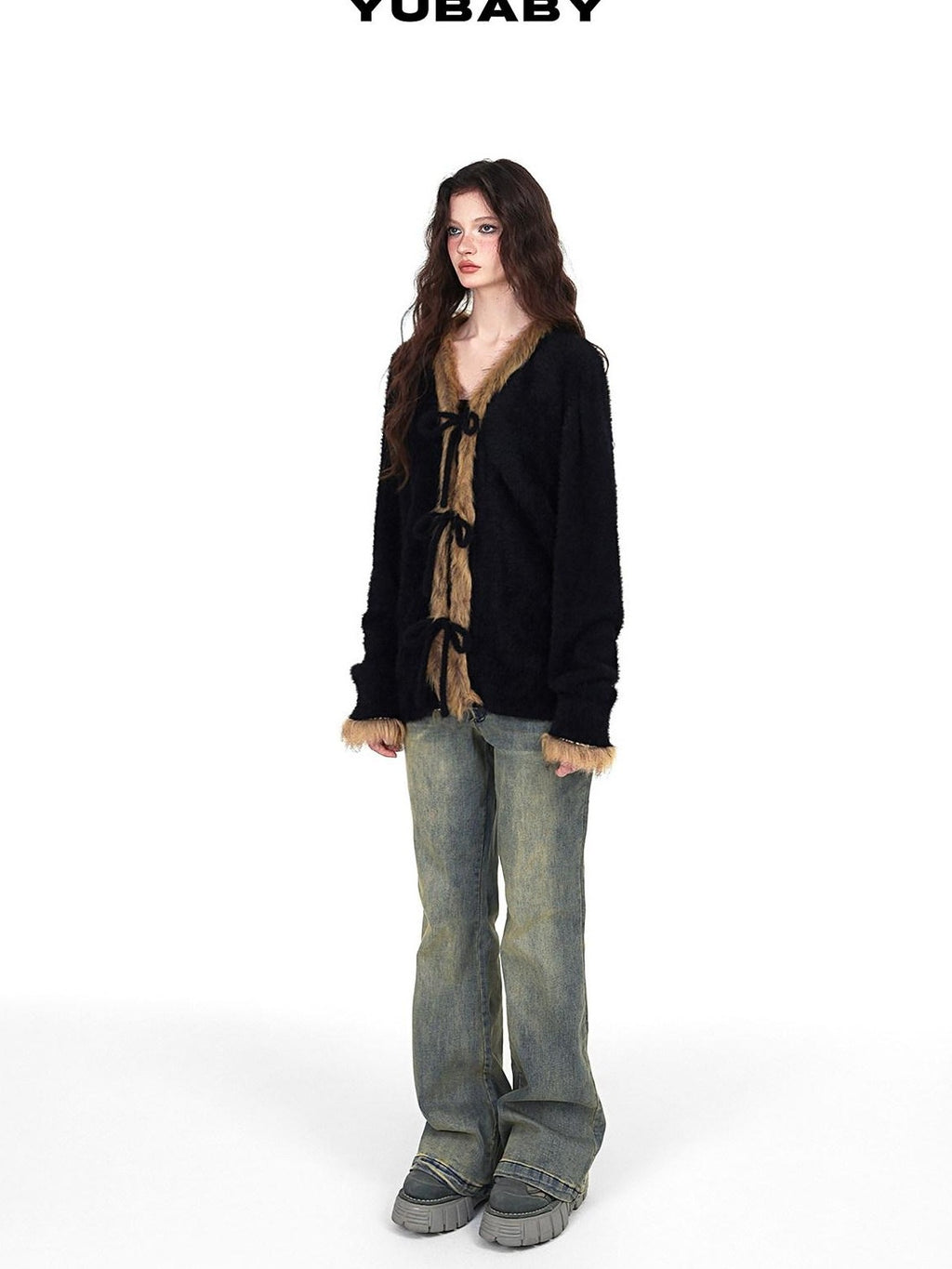 YUBABY Vintage Subculture Patchwork Fur Collar Tie Women's Mink Knit Cardigans
