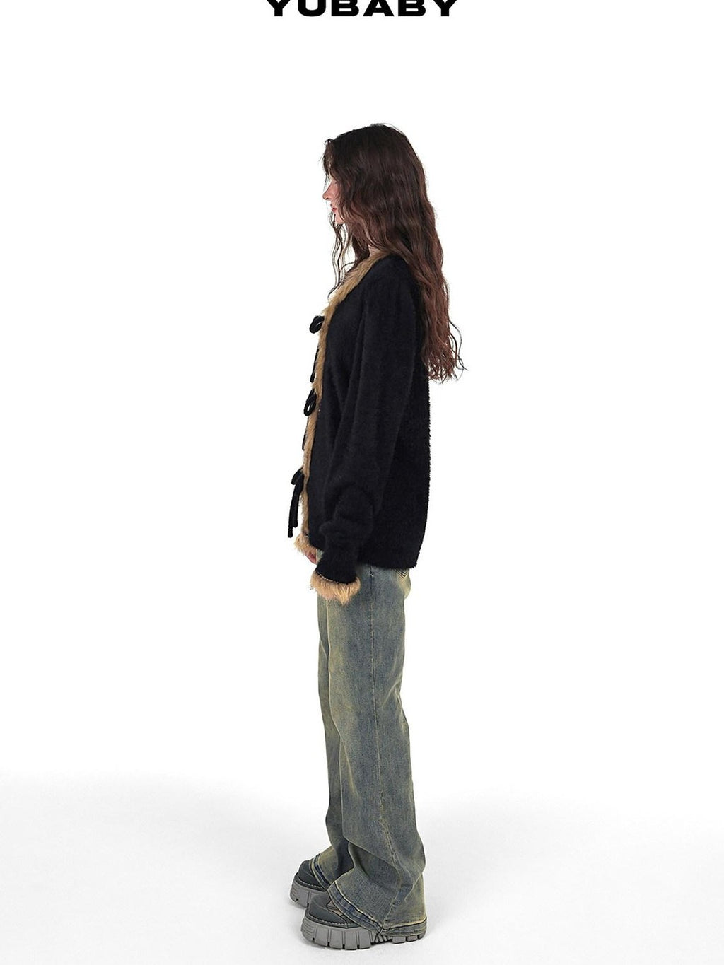 YUBABY Vintage Subculture Patchwork Fur Collar Tie Women's Mink Knit Cardigans