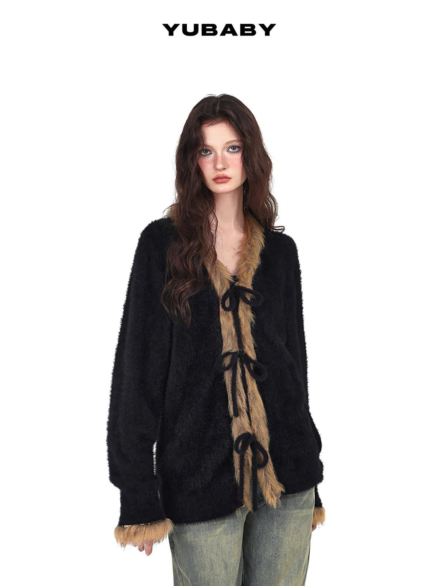YUBABY Vintage Subculture Patchwork Fur Collar Tie Women's Mink Knit Cardigans