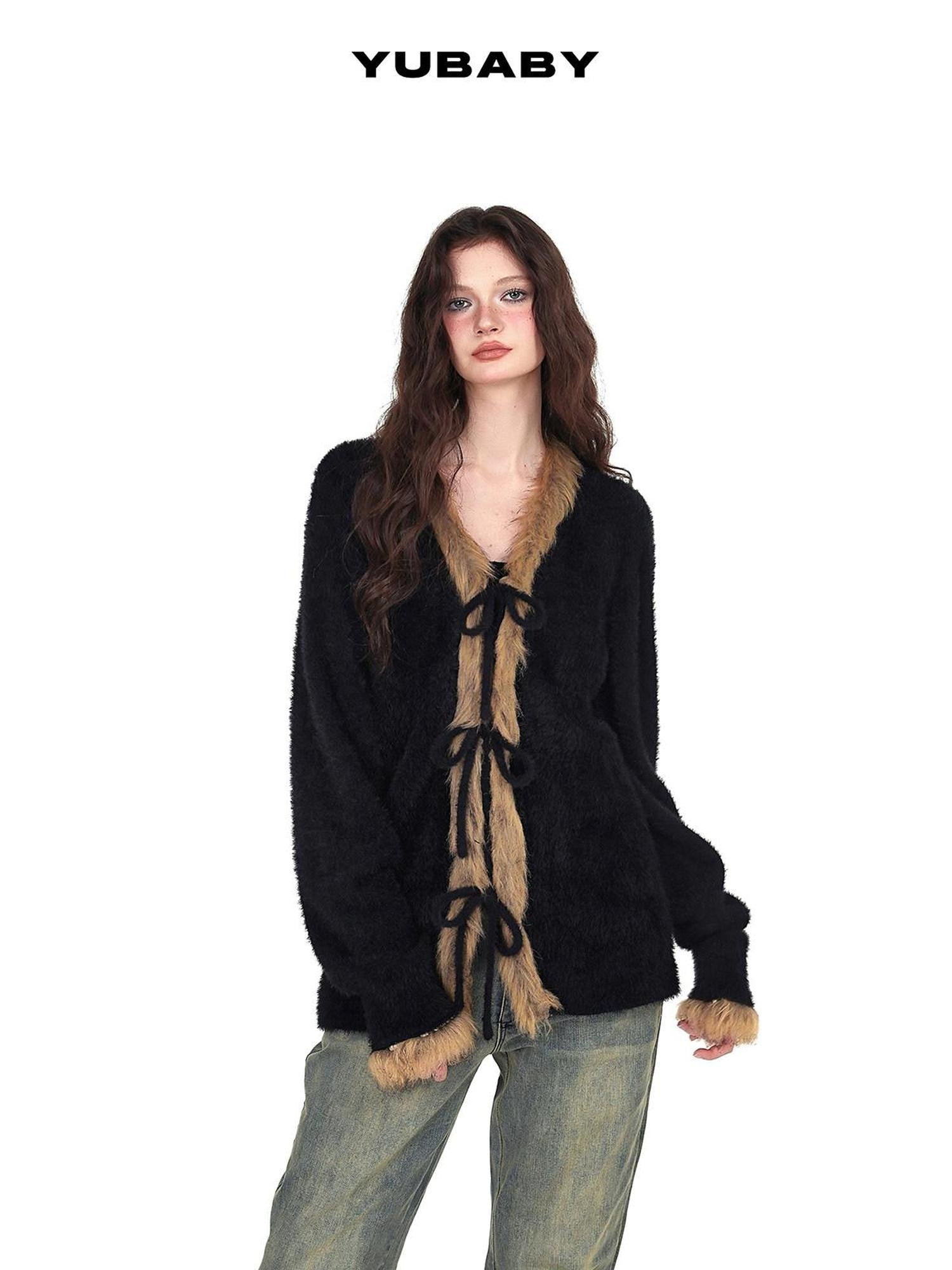 YUBABY Vintage Subculture Patchwork Fur Collar Tie Women's Mink Knit Cardigans