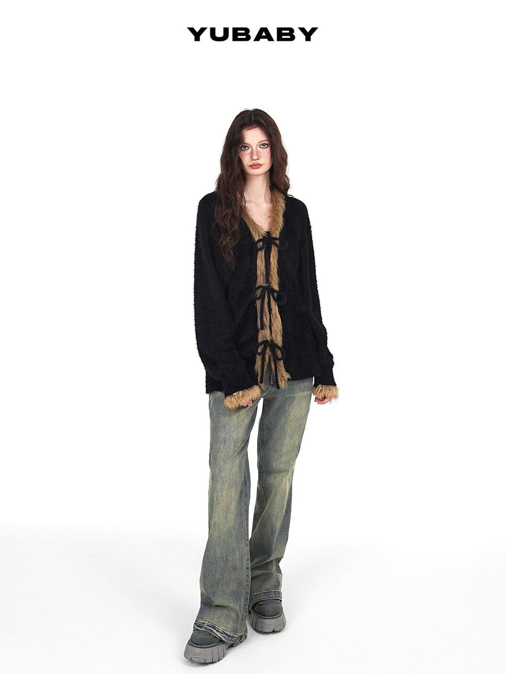 YUBABY Vintage Subculture Patchwork Fur Collar Tie Women's Mink Knit Cardigans