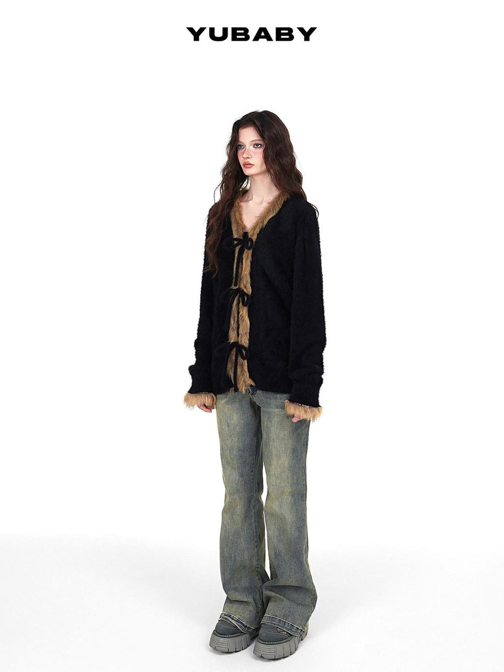 YUBABY Vintage Subculture Patchwork Fur Collar Tie Women's Mink Knit Cardigans