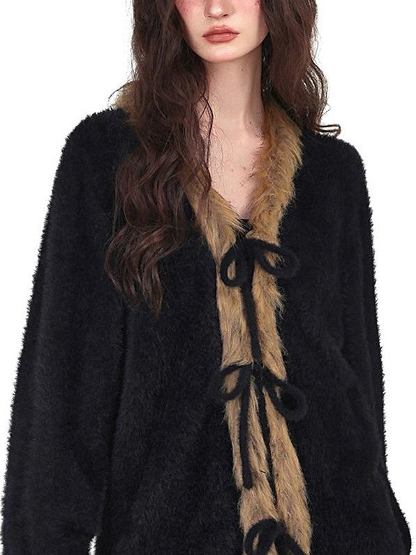 YUBABY Vintage Subculture Patchwork Fur Collar Tie Women's Mink Knit Cardigans