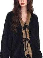 YUBABY Vintage Subculture Patchwork Fur Collar Tie Women's Mink Knit Cardigans