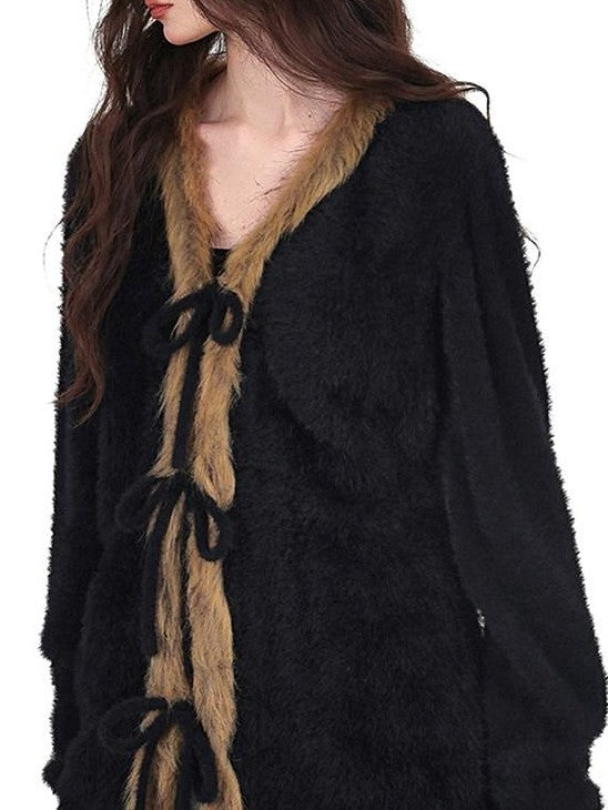 YUBABY Vintage Subculture Patchwork Fur Collar Tie Women's Mink Knit Cardigans