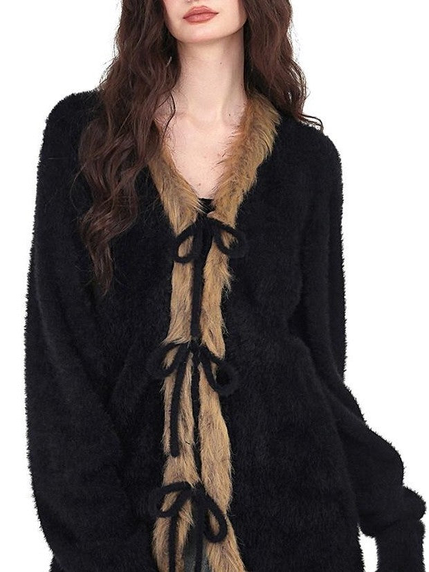 YUBABY Vintage Subculture Patchwork Fur Collar Tie Women's Mink Knit Cardigans