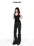 YUBABY Washed Black Multi Pocket Punk Rock Women's Stretch Denim Flare Jeans