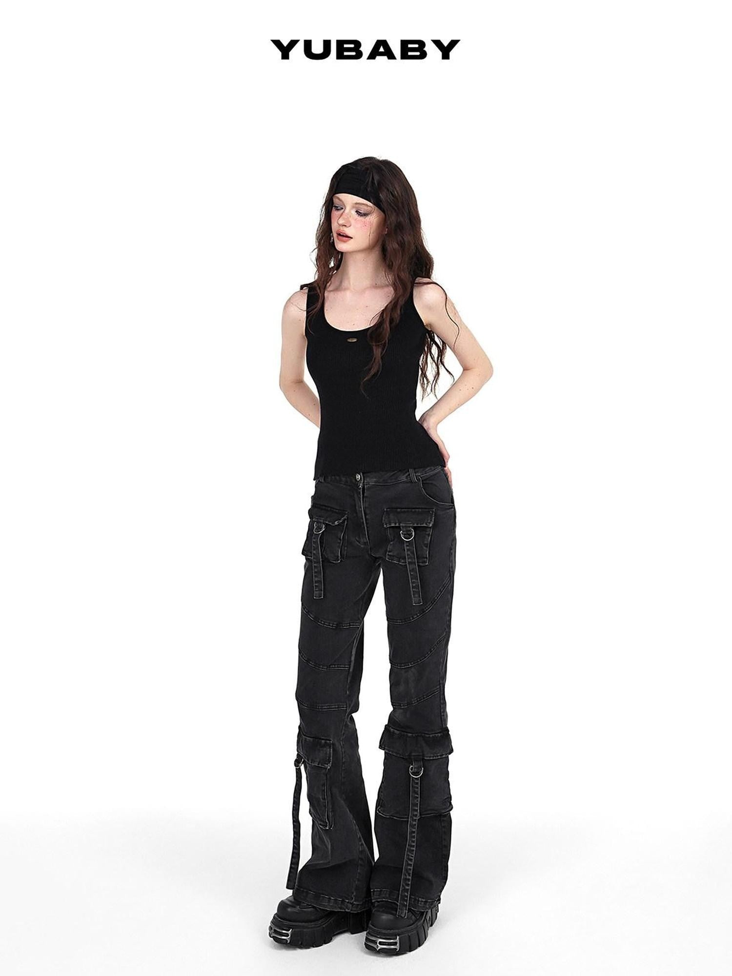 YUBABY Washed Black Multi Pocket Punk Rock Women's Stretch Denim Flare Jeans