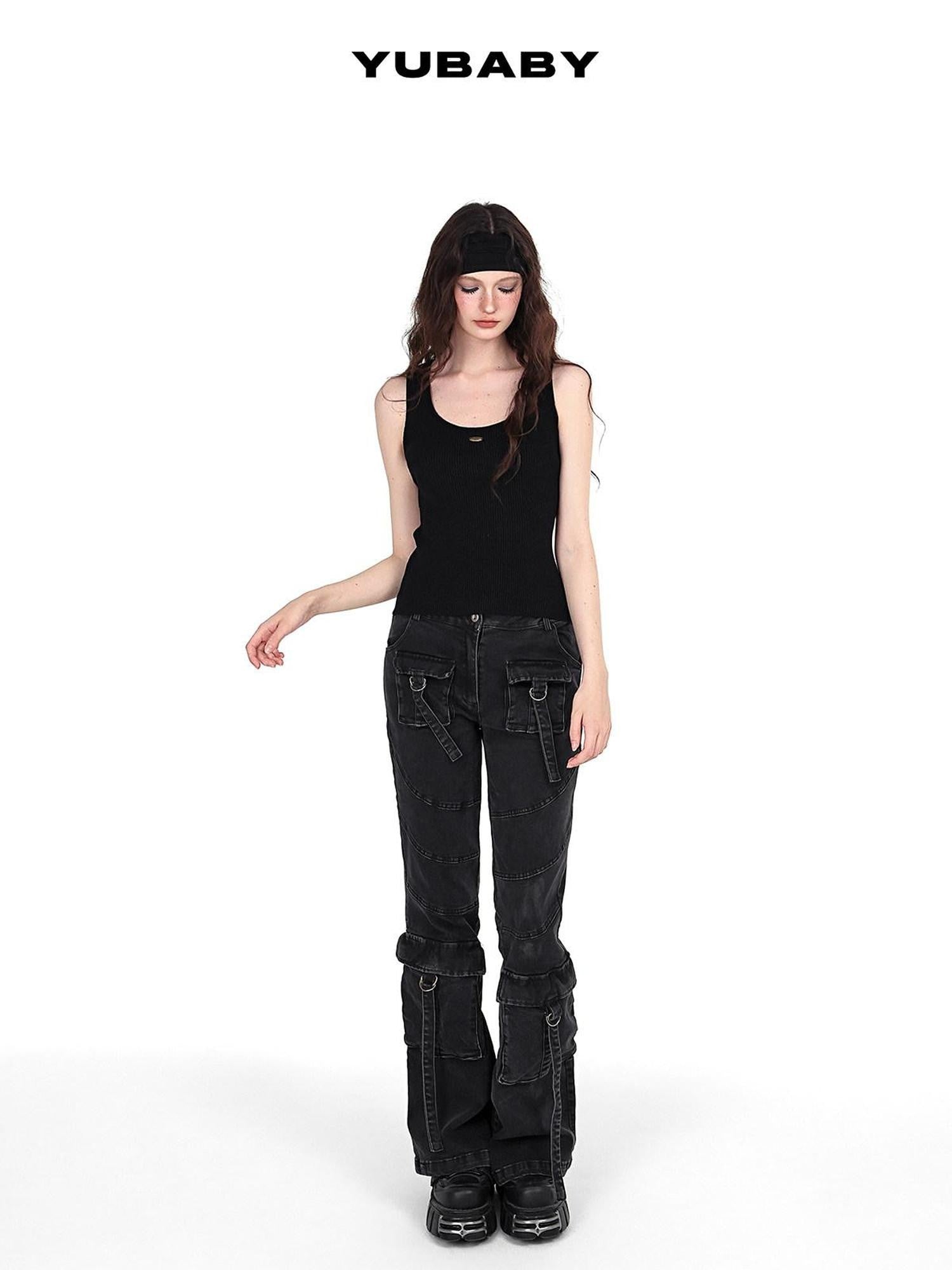YUBABY Washed Black Multi Pocket Punk Rock Women's Stretch Denim Flare Jeans