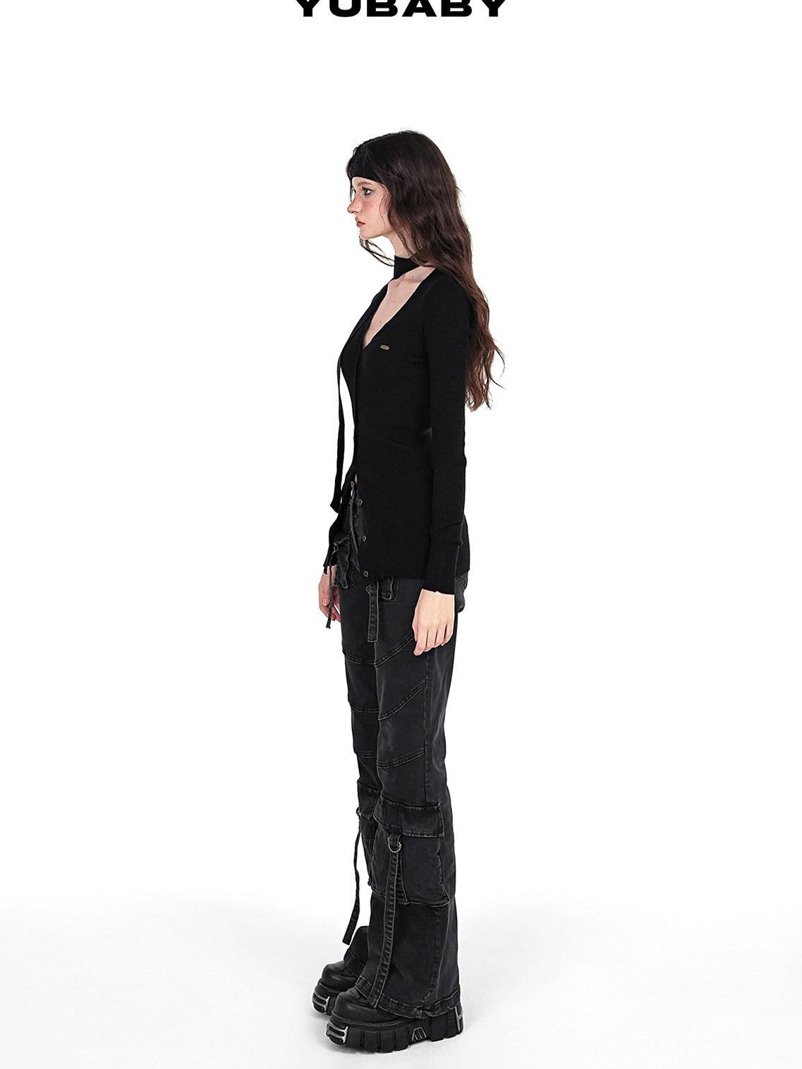 YUBABY Washed Black Multi Pocket Punk Rock Women's Stretch Denim Flare Jeans