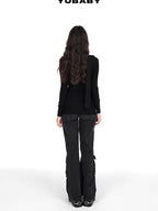 YUBABY Washed Black Multi Pocket Punk Rock Women's Stretch Denim Flare Jeans