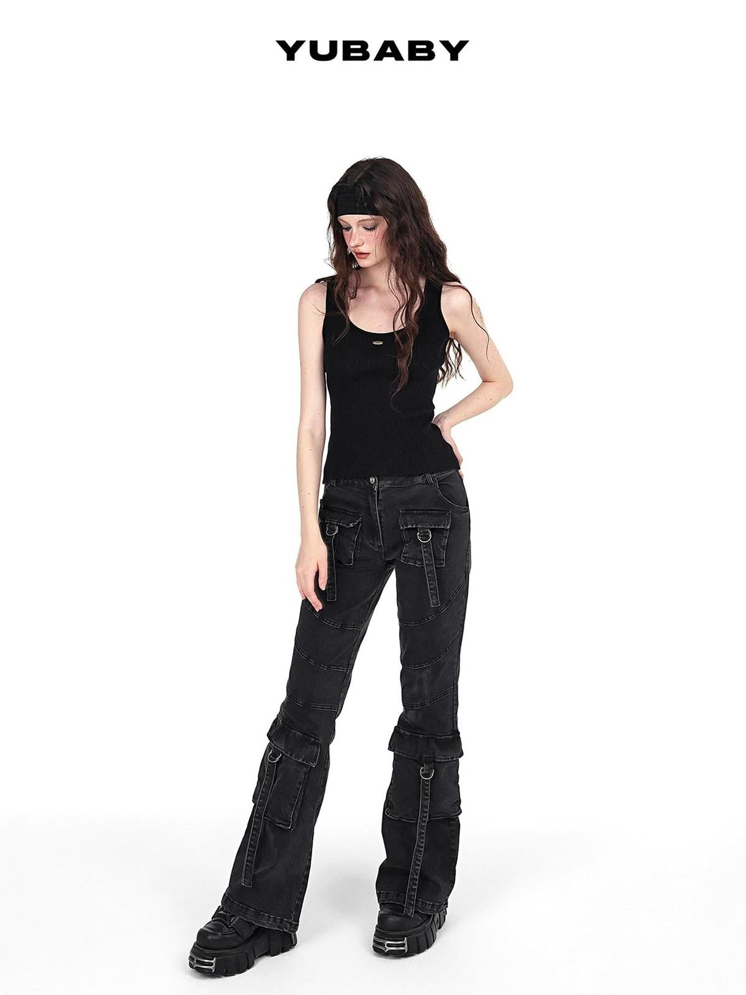 YUBABY Washed Black Multi Pocket Punk Rock Women's Stretch Denim Flare Jeans