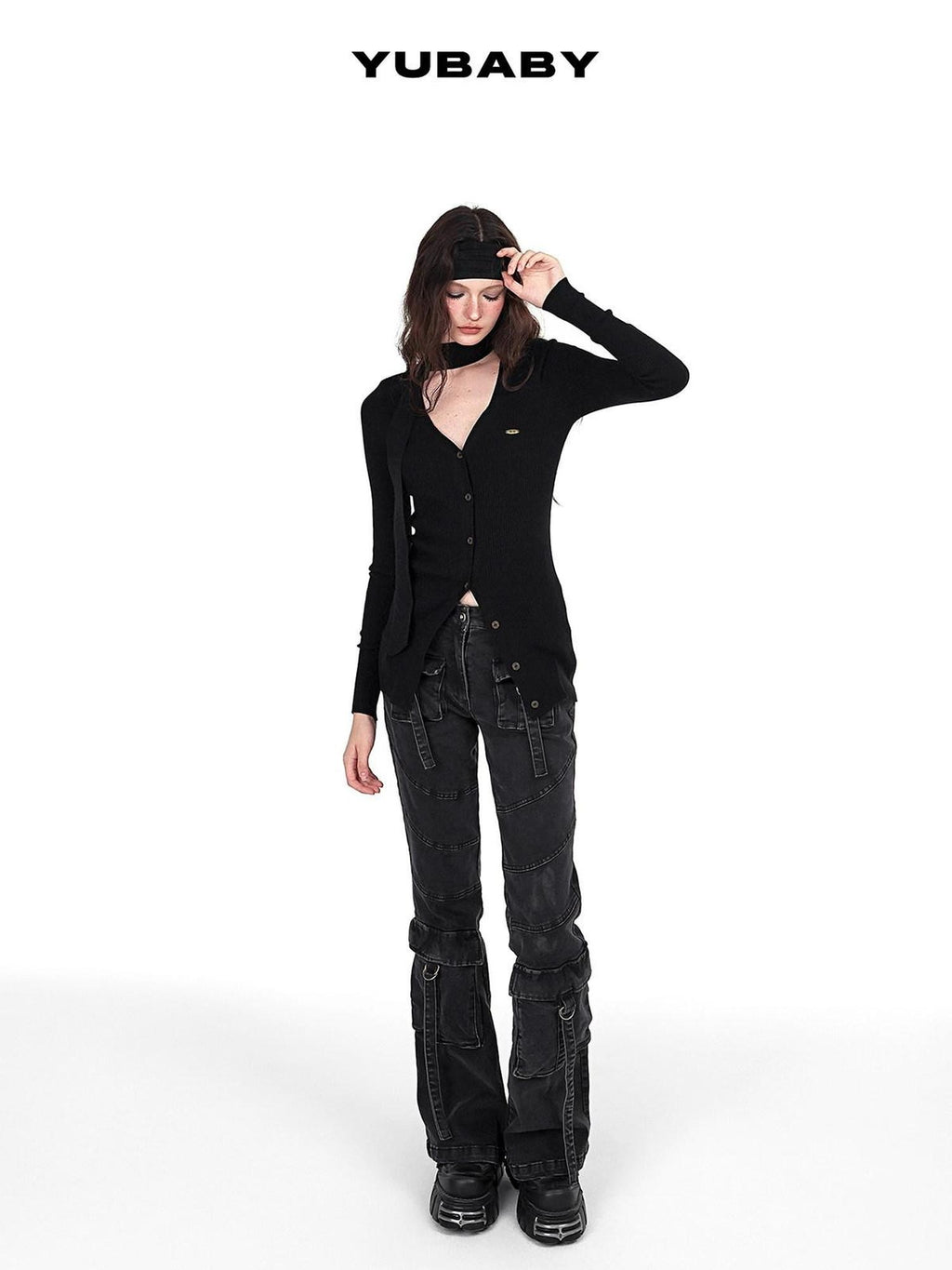 YUBABY Washed Black Multi Pocket Punk Rock Women's Stretch Denim Flare Jeans