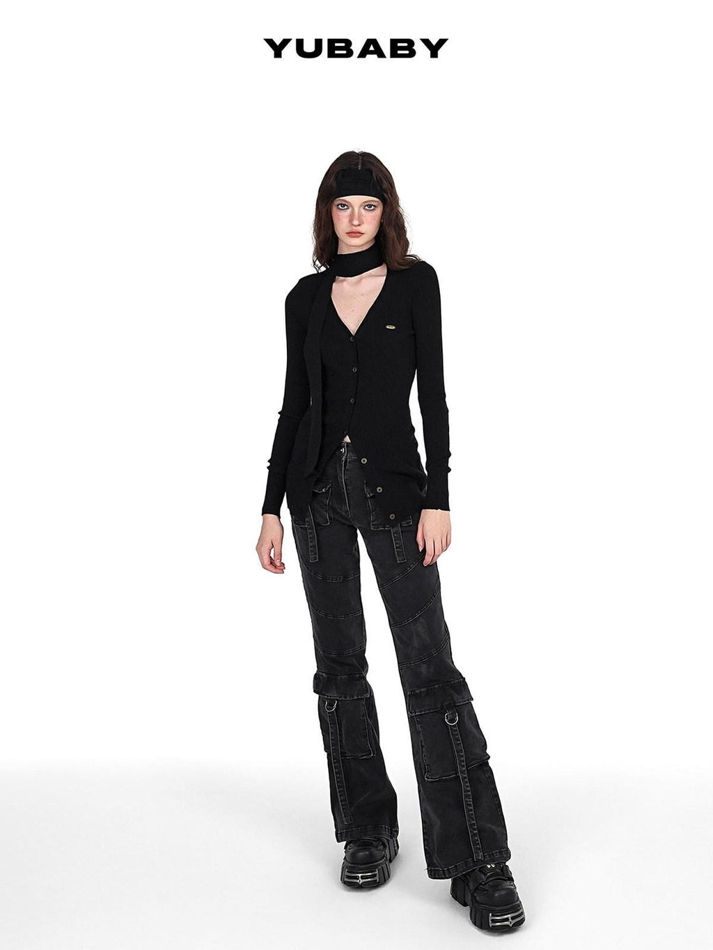 YUBABY Washed Black Multi Pocket Punk Rock Women's Stretch Denim Flare Jeans