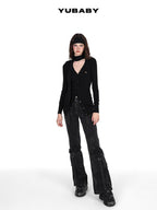 YUBABY Washed Black Multi Pocket Punk Rock Women's Stretch Denim Flare Jeans