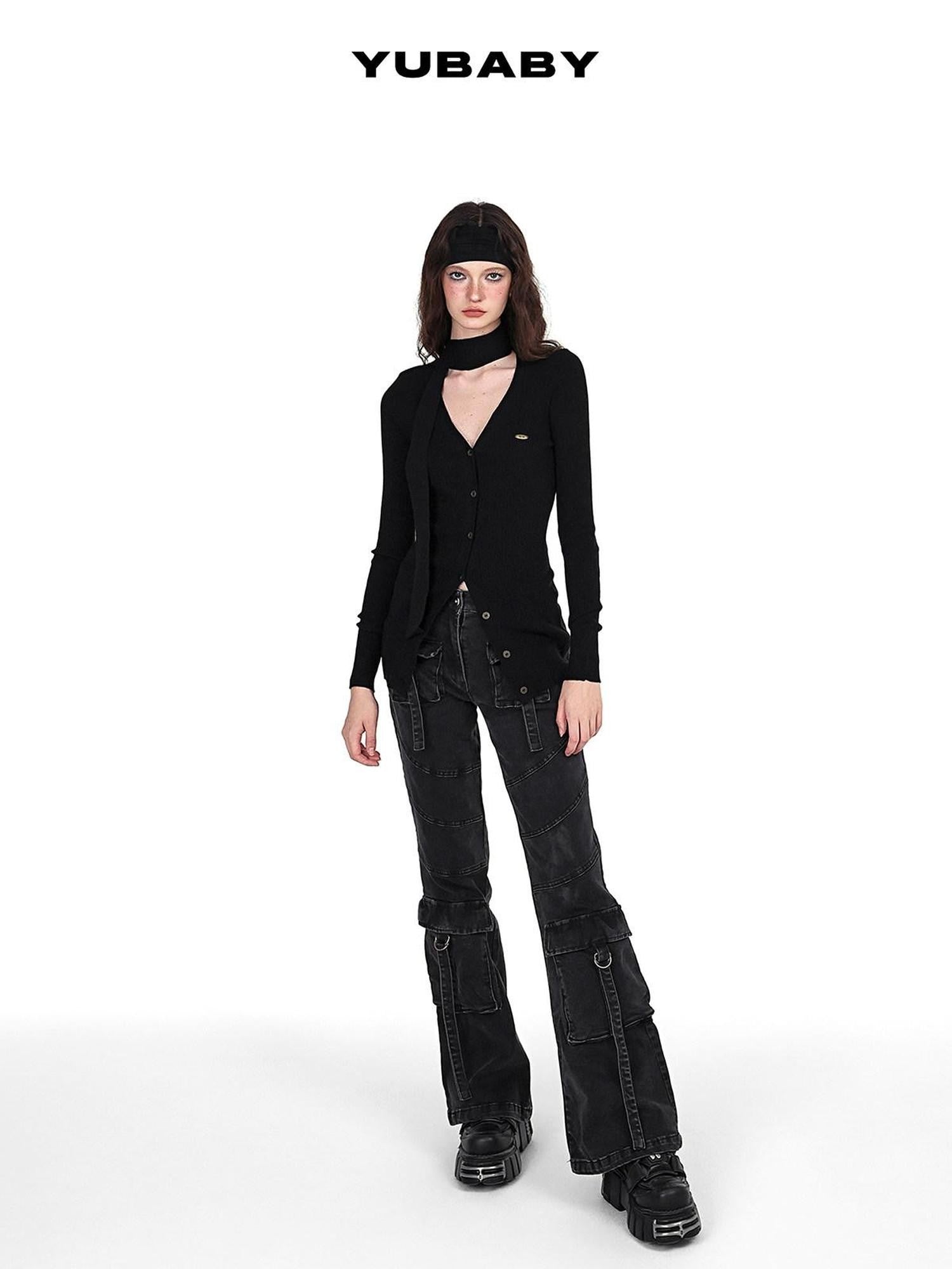 YUBABY Washed Black Multi Pocket Punk Rock Women's Stretch Denim Flare Jeans