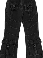 YUBABY Washed Black Multi Pocket Punk Rock Women's Stretch Denim Flare Jeans