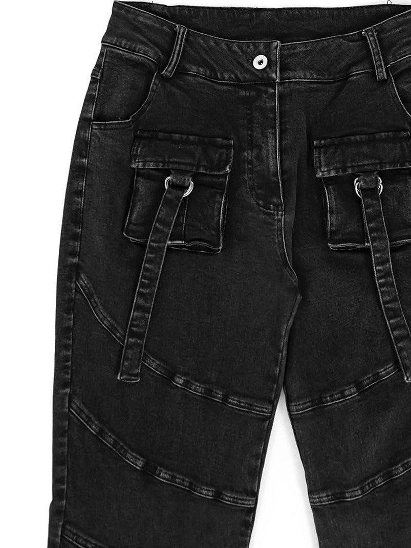 YUBABY Washed Black Multi Pocket Punk Rock Women's Stretch Denim Flare Jeans