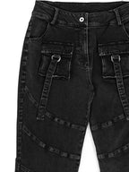 YUBABY Washed Black Multi Pocket Punk Rock Women's Stretch Denim Flare Jeans