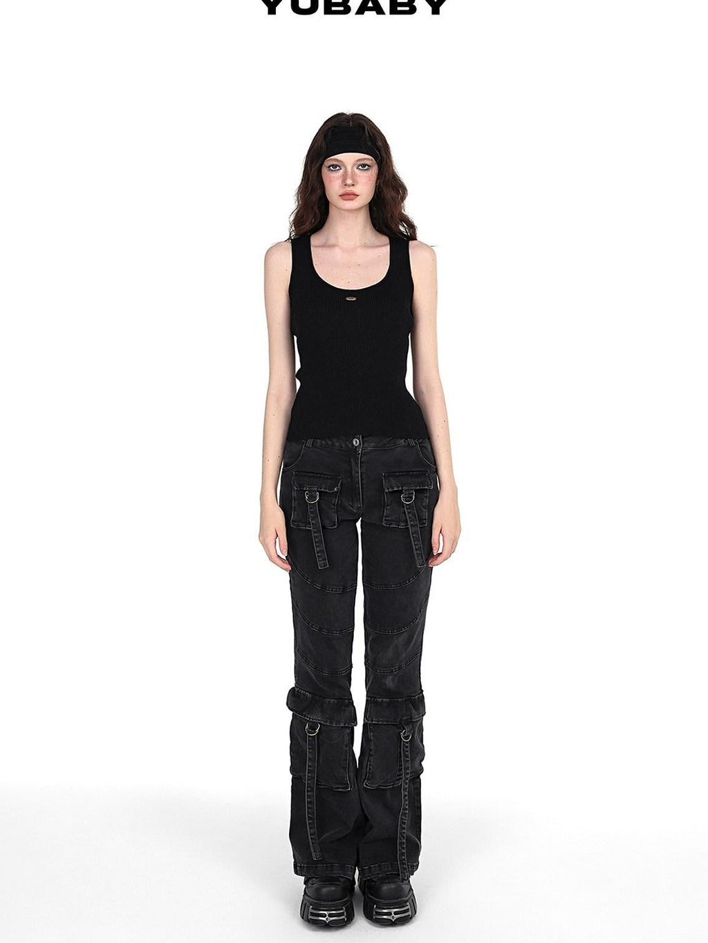 YUBABY Washed Black Multi Pocket Punk Rock Women's Stretch Denim Flare Jeans