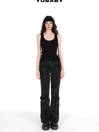 YUBABY Washed Black Multi Pocket Punk Rock Women's Stretch Denim Flare Jeans