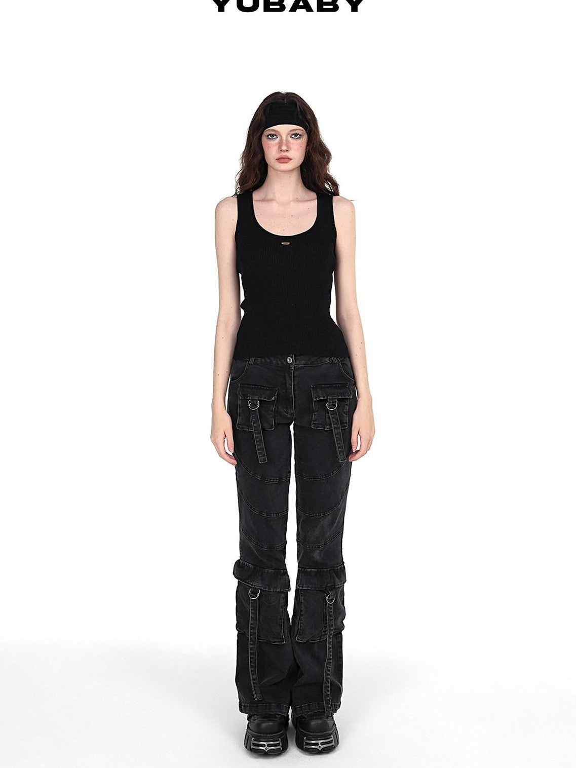 YUBABY Washed Black Multi Pocket Punk Rock Women's Stretch Denim Flare Jeans