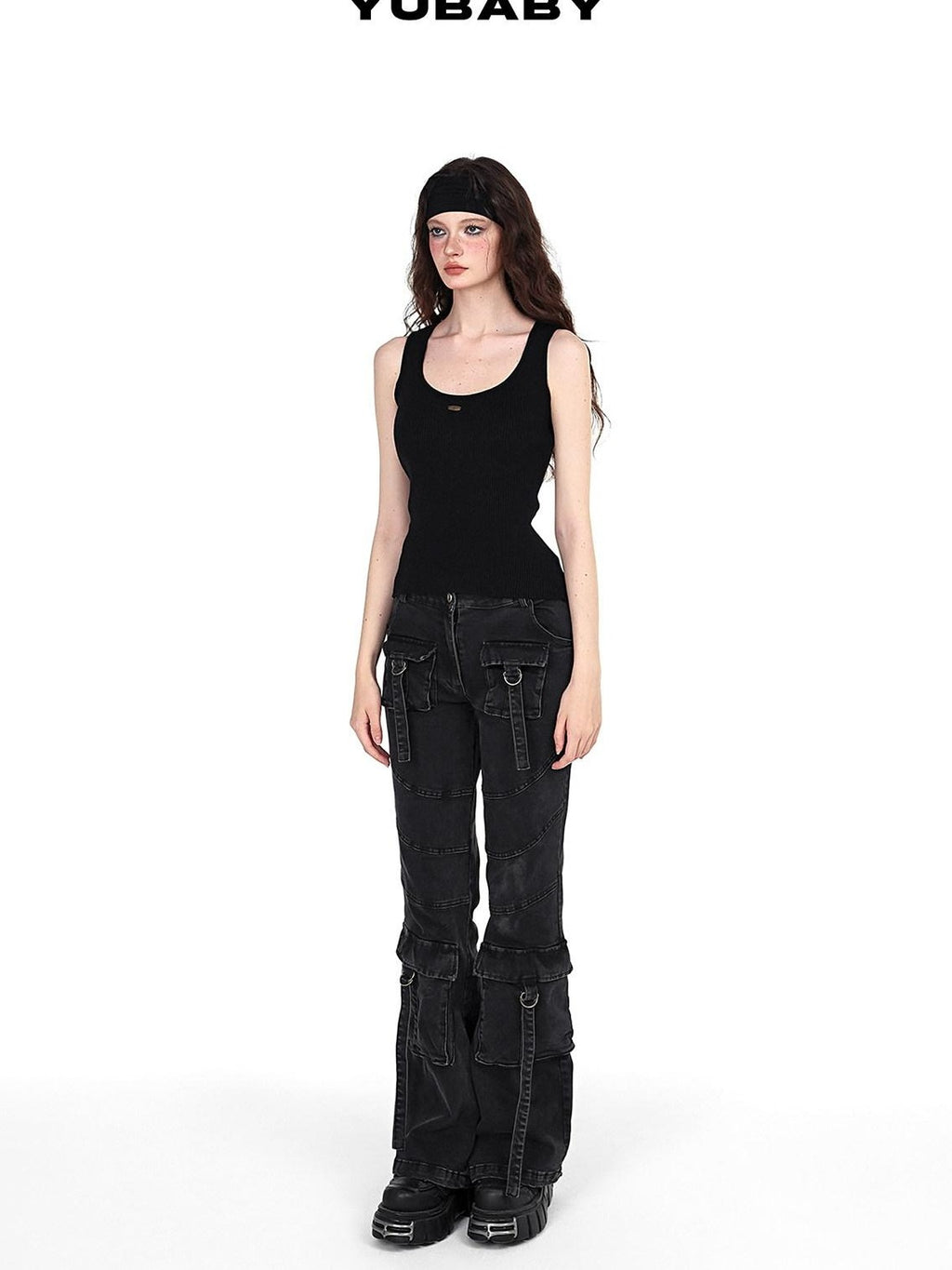 YUBABY Washed Black Multi Pocket Punk Rock Women's Stretch Denim Flare Jeans