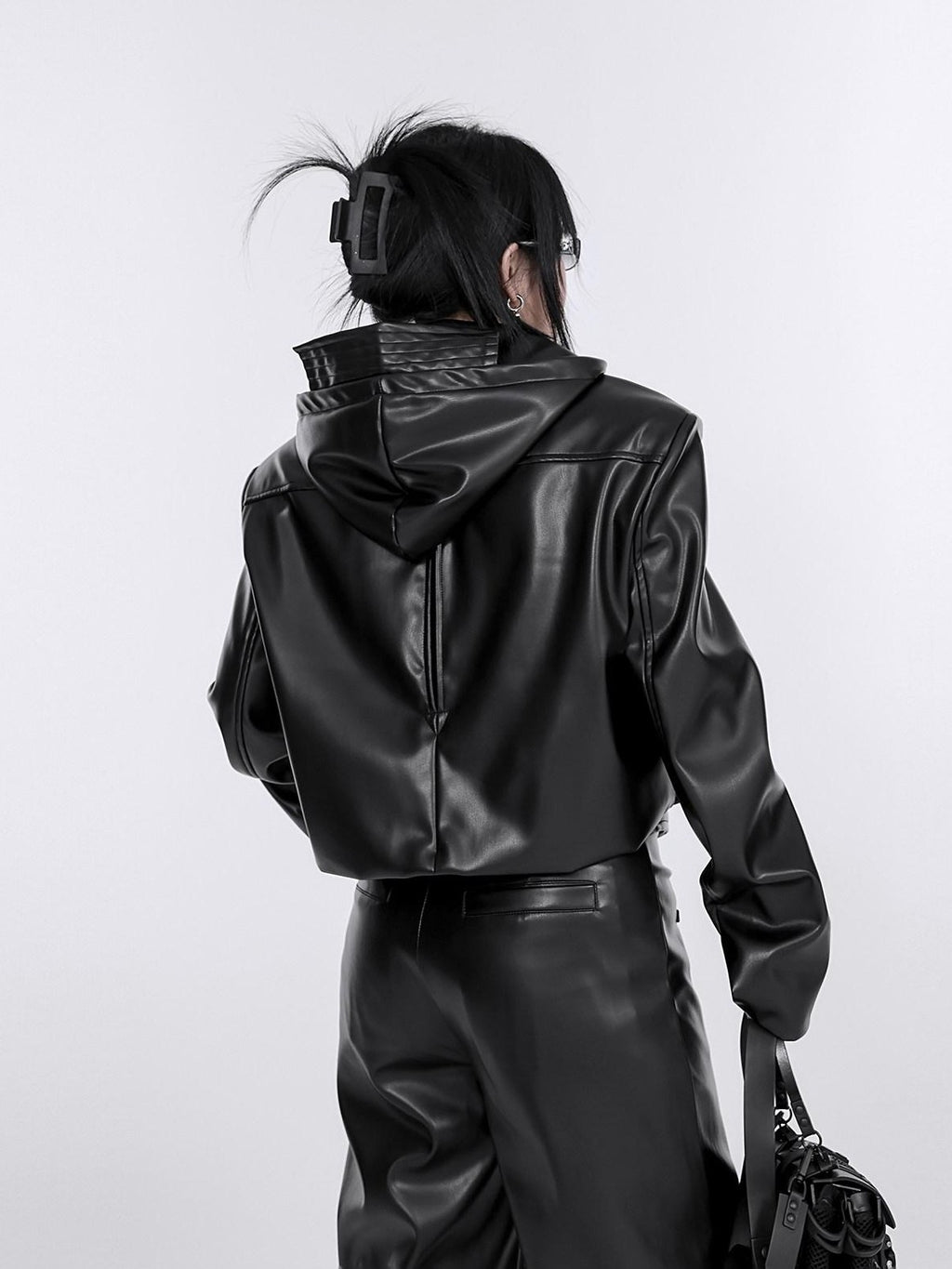YUBABY Washed Black Punk Padded Shoulders Notch Lapel Women's Pu Leather Jackets
