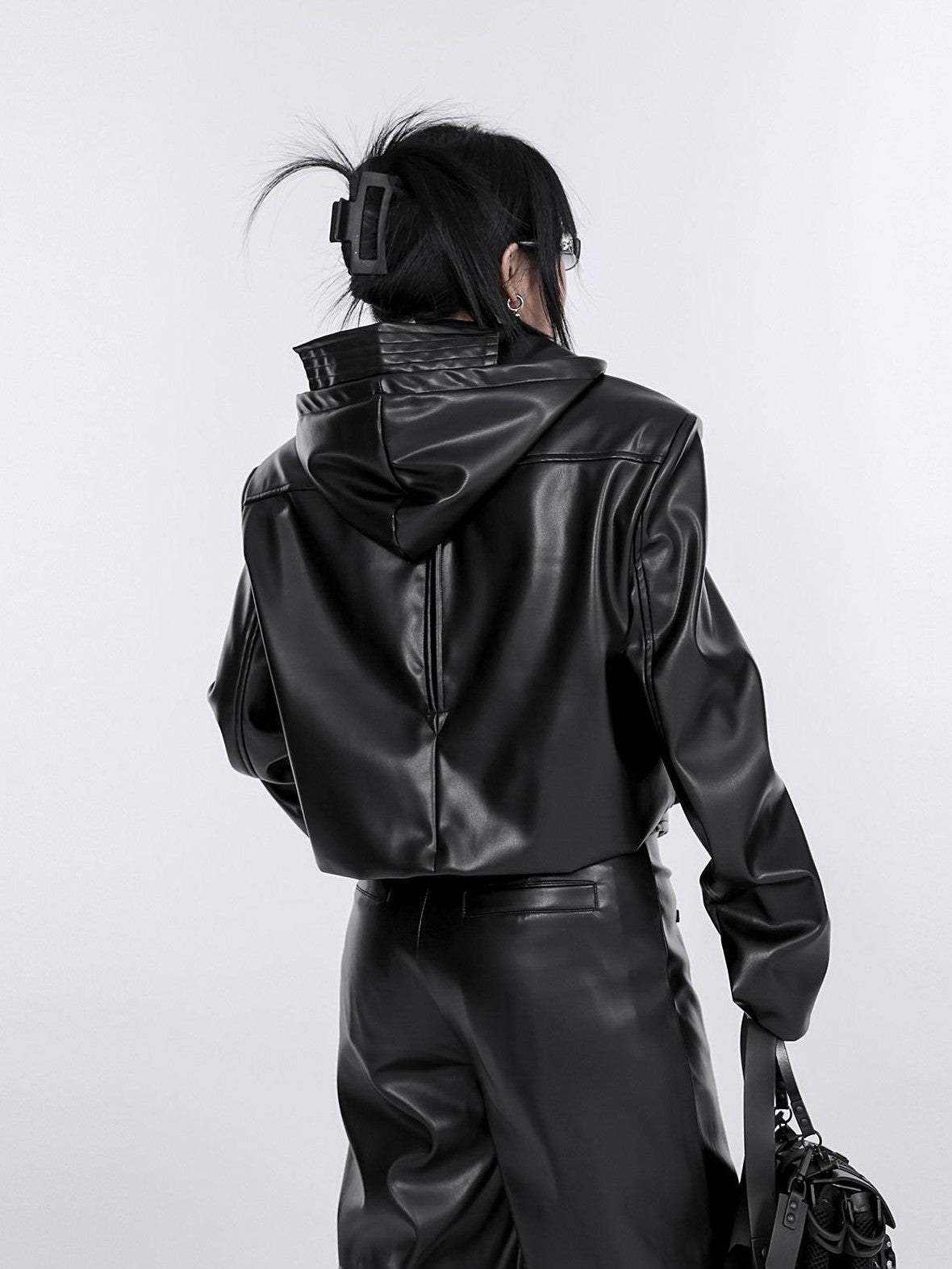 YUBABY Washed Black Punk Padded Shoulders Notch Lapel Women's Pu Leather Jackets