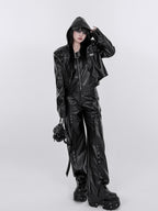 YUBABY Washed Black Punk Padded Shoulders Notch Lapel Women's Pu Leather Jackets