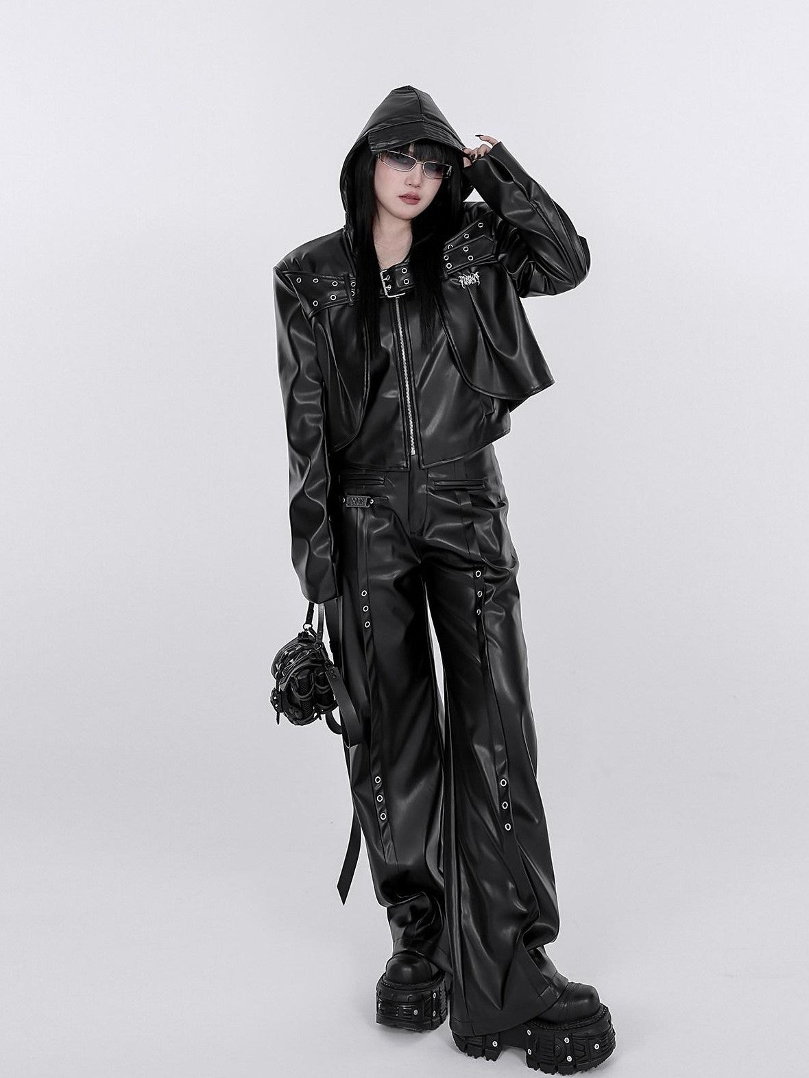YUBABY Washed Black Punk Padded Shoulders Notch Lapel Women's Pu Leather Jackets