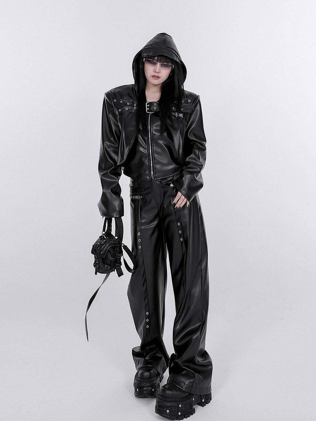 YUBABY Washed Black Punk Padded Shoulders Notch Lapel Women's Pu Leather Jackets