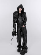 YUBABY Washed Black Punk Padded Shoulders Notch Lapel Women's Pu Leather Jackets