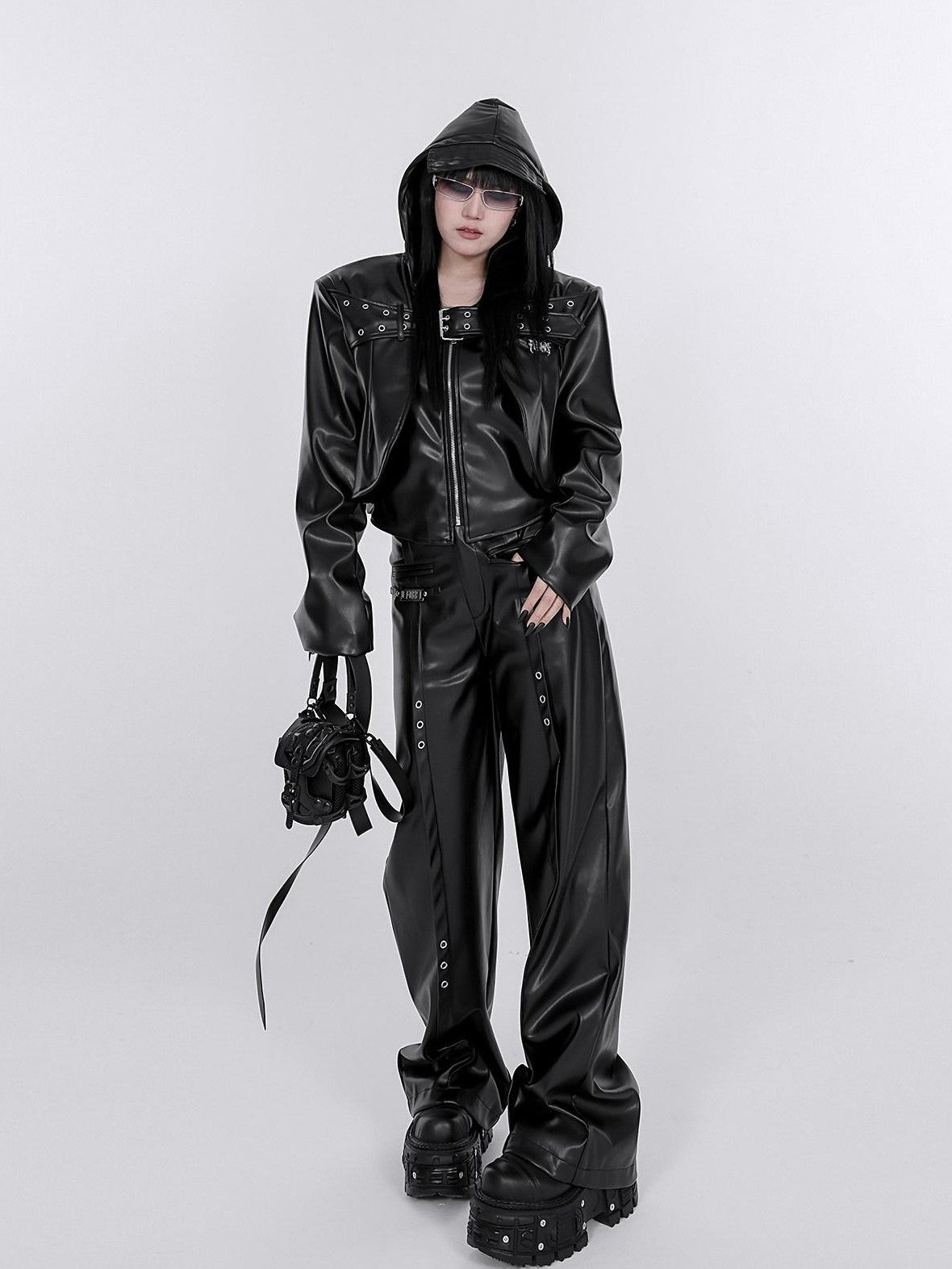 YUBABY Washed Black Punk Padded Shoulders Notch Lapel Women's Pu Leather Jackets