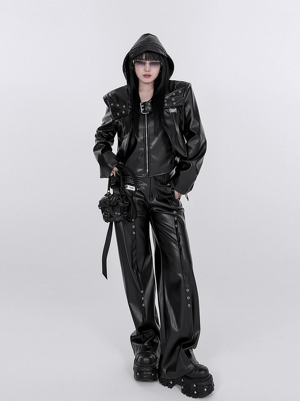 YUBABY Washed Black Punk Padded Shoulders Notch Lapel Women's Pu Leather Jackets