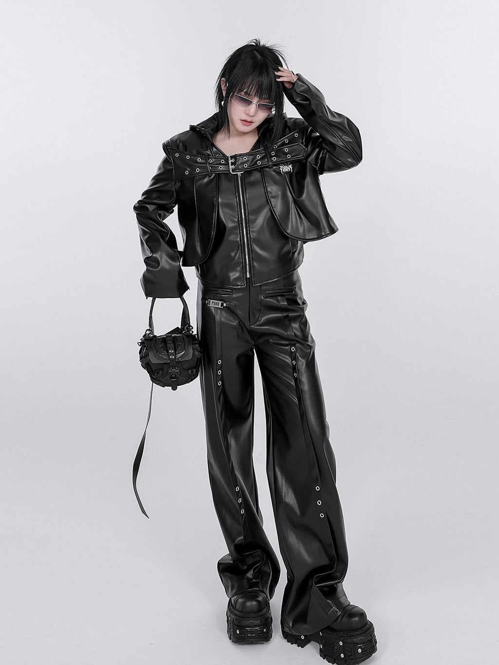 YUBABY Washed Black Punk Padded Shoulders Notch Lapel Women's Pu Leather Jackets