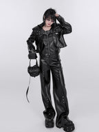 YUBABY Washed Black Punk Padded Shoulders Notch Lapel Women's Pu Leather Jackets