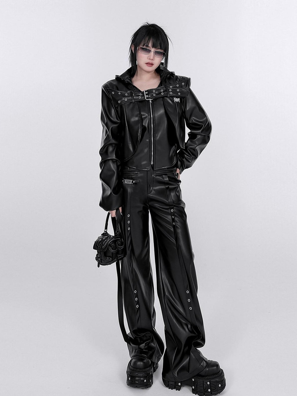 YUBABY Washed Black Punk Padded Shoulders Notch Lapel Women's Pu Leather Jackets